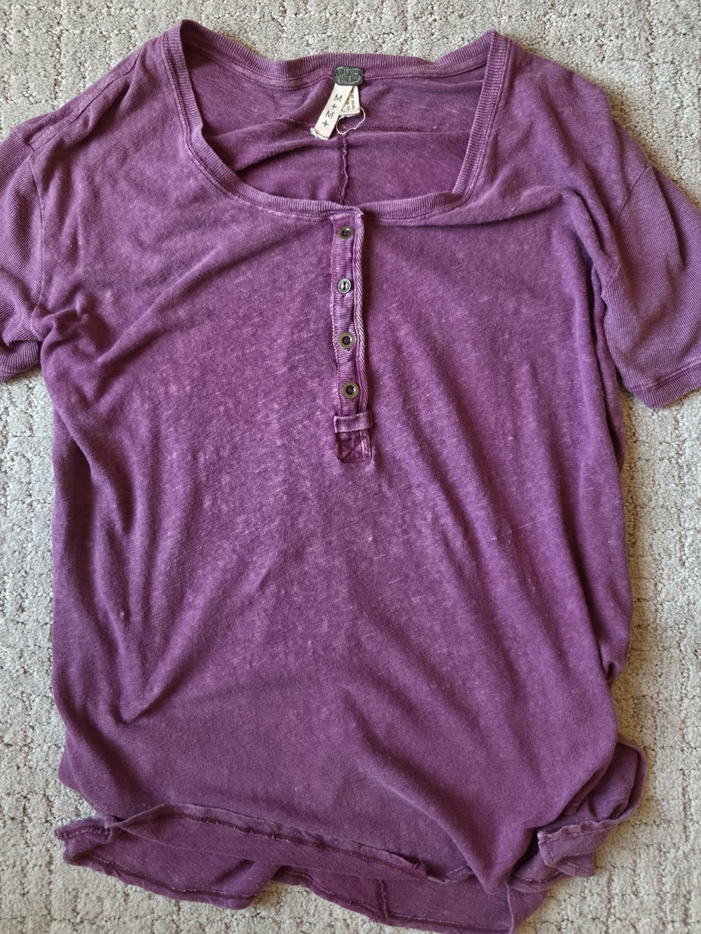 We The Free Free People Purple Burnout Henley Top Medium | Boho Raw Seam Tee